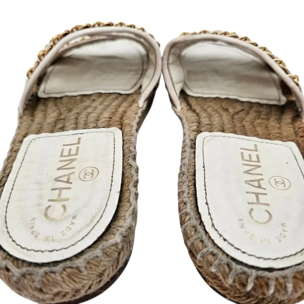 Chanel Chain Espadrille Flat Slide Sandal Beige White Leather Size 36 C US 5 5.5